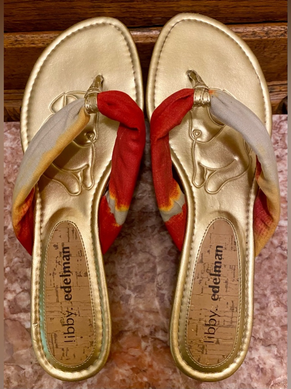 LIBBY EDELMAN Gold Sandals with Red and Cream Fabric Straps; size 9